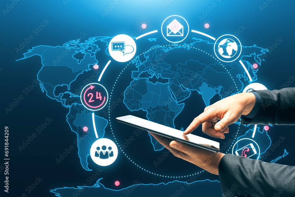 Poster Close up of businessman hand using cellphone with creative global map hologram with 24/7 online support. Customer service and help concept.