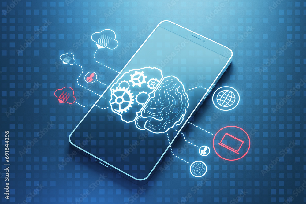 Poster Close up of smartphone with creative digital brain hologram with cogwheels and various connected icons on blue background. Invention, ai and innovation concept. 3D Rendering.
