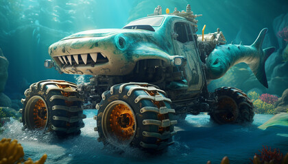 Create a monster truck inspired by the depths of the ocean. Add elements like fish scales, seaweed,...