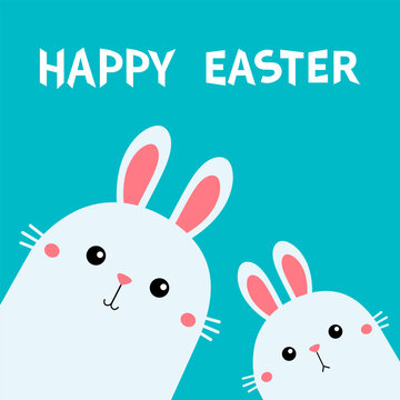 Happy Easter. Rabbit bunny set. Face head in the corner. Cute cartoon kawaii baby character. Funny friends. Farm animal. Long ears. Blue background. Flat design