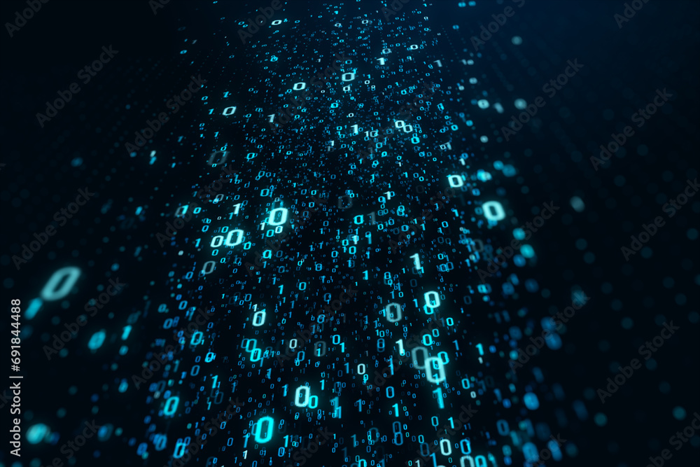 Poster Abstract binary coding on dark background. Matrix and security concept. 3D Rendering.