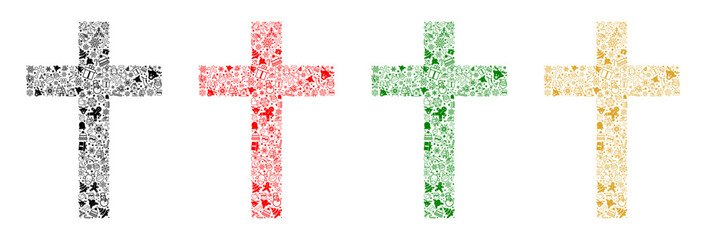 christian cross with christmas elements inside (black, red, green, gold) - obrazy, fototapety, plakaty