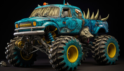  monster truck inspired by the depths of the ocean. Add elements like fish scales, seaweed, and a...