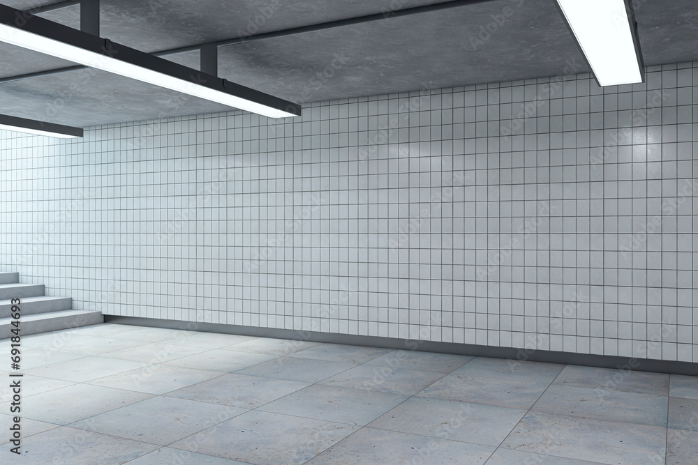 Poster bright underground passage with ceiling lamps and stairs. mock up place. subway tile wall. 3d render