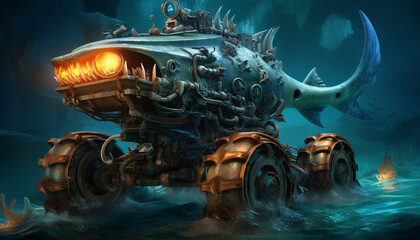Create a monster truck inspired by the depths of the ocean. Add elements like fish scales, seaweed,...