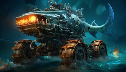 Foto op Canvas Create a monster truck inspired by the depths of the ocean. Add elements like fish scales, seaweed, and a submarine-like appearance to make it look like it's crushing © shahzaib