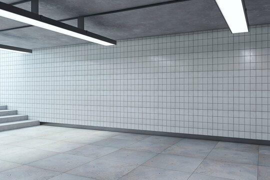 Bright underground passage with ceiling lamps and stairs. Mock up place. Subway tile wall. 3D Rendering.