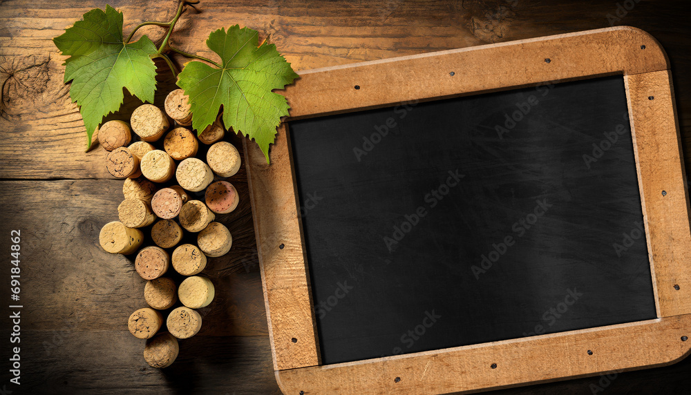 Poster close-up of a group of wine corks in the shape of a bunch of grapes with green vine leaves, on an ol
