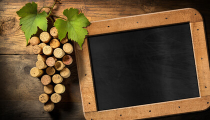 Close-up of a group of wine corks in the shape of a bunch of grapes with green vine leaves, on an old wooden table with empty blackboard with wooden frame and copy space. - Powered by Adobe
