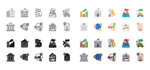 Economic Crisis Icon Set, set of bankruptcy, world economy, recession, unemployed and more. Outline, flat, filled line, glyph solid