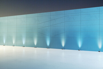 Empty exhibition podium with spotlight on textured wall, space for display. 3D Rendering