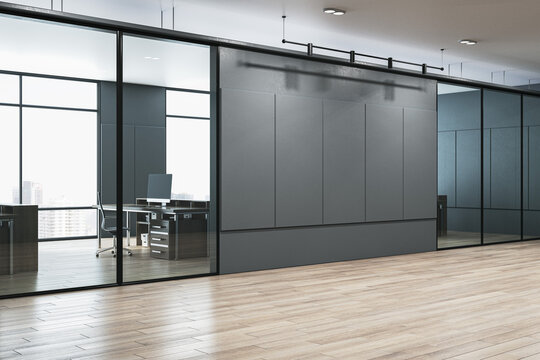 Modern office corridor with concrete walls and wooden floor, windows with city view and reflections. 3D Rendering.