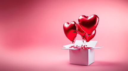 Red foil balloons in the shape of a heart and a box on a pink background. Valentine's Day Celebration, Birthday, Mother's Day - obrazy, fototapety, plakaty