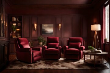 Fototapeta na wymiar A plush maroon recliner highlighted by warm ambient lighting.