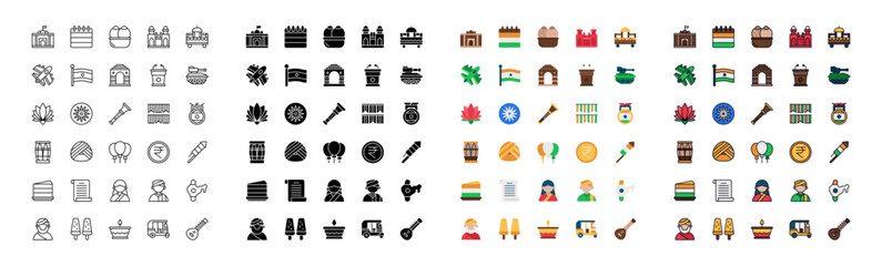Republic India Day Icon Set. Outline, Flat, Glyph, Filled Line.  - obrazy, fototapety, plakaty