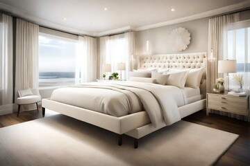 A serene bedroom with a white upholstered bedframe, cream-colored bedding, and soft ambient lighting creating a tranquil retreat.