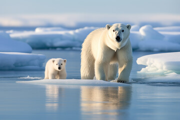 A mother polar bear and her cubs, navigating the vast Arctic expanse in search of food and shelter.