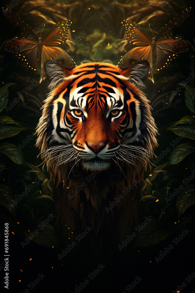 Poster a surreal fusion of a butterfly's delicate wings and a tiger's fierce stripes, creating a captivatin