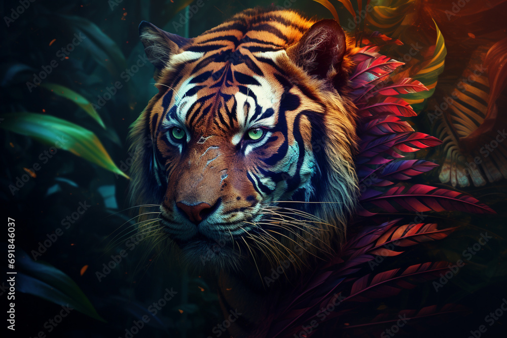 Aufkleber a digital artwork combining the features of a tiger and a chameleon, showcasing a mesmerizing blend 