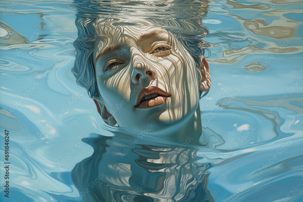 Poster A surreal interpretation of introspection, with a figure submerged in a pool of reflective liquid, symbolizing self-discovery.