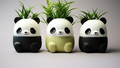 Create a series of 3D-printable plant pots in the shape of adorable pandas. These pots can be...