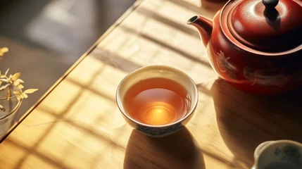 Plexiglas foto achterwand korean style tea ceremony, focus on table, teapot handle, close up view from above © medienvirus