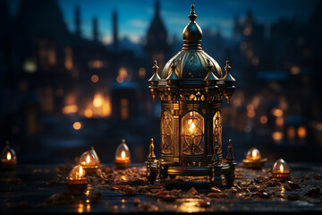 Obraz premium a Fanoos (lantern) in an imaginative setting, creating a dreamlike and enchanting atmosphere associated with Ramadan, minimalistic and cinematic photo