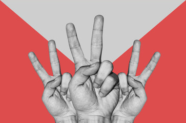 Digital collage with male hand with victory sign