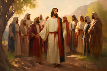Oil painting of Jesus Christ and his twelve disciples