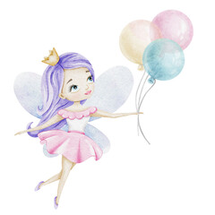 Cute little fairy with a air balloons and light blue wings. Isolated watercolor illustration for kid's goods, clothes, postcards, baby shower and children's room