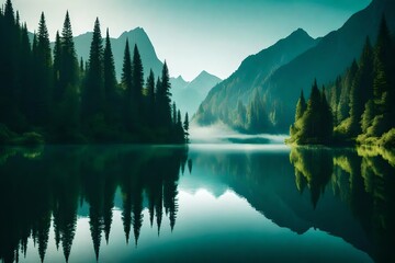 A serene, misty morning over a tranquil lake framed by towering mountains cloaked in verdant forests. - obrazy, fototapety, plakaty