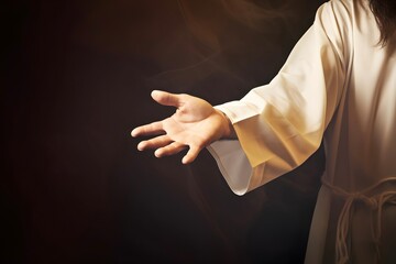 Jesus reaching out his hand against dark background - obrazy, fototapety, plakaty