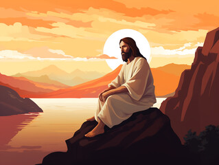 Jesus sitting near a river in the evening
