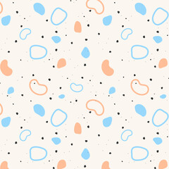 Stones color trend year 2024 Peach fuzz and blue, seamless pattern of small stones and sand, ocean seashore, abstract shapes.