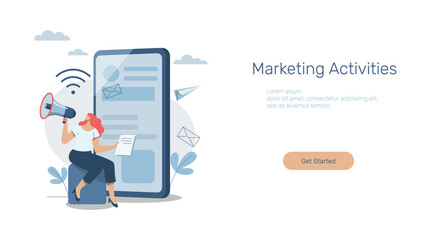 Promoting communication with customers, Marketing activities and social media campaigns, Advertising media, Banner sign, Mobile app, Web template. Businesswoman announcement with megaphone and laptop.