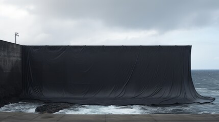 a huge black tarpaulin in between two massive black concrete wall sea defense on the ocean