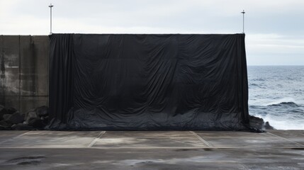 a huge black tarpaulin in between two massive black concrete wall sea defense on the ocean