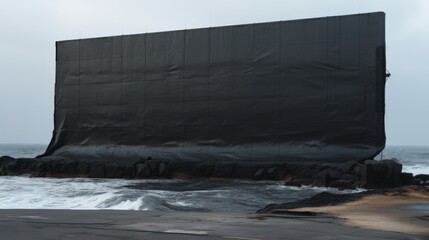 a huge black tarpaulin in between two massive black concrete wall sea defense on the ocean