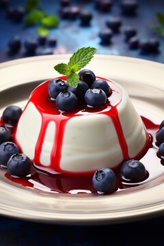 Delicious custard flan with syrup and berries, decorated with mint, restaurant quality presentation