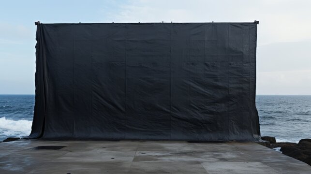 a huge black tarpaulin in between two massive black concrete wall sea defense on the ocean