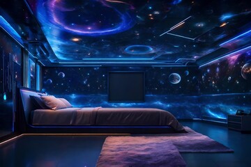 A space-themed bedroom with cosmic murals, glowing stars, and futuristic decor, transporting inhabitants to the depths of outer space. - obrazy, fototapety, plakaty
