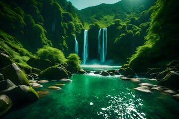 A tranquil scene capturing waterfalls gracefully descending through a canvas of vibrant, green mountains.