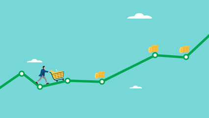 business growth illustration with concept of businessman pushing the shopping cart full of money, business and finance growth concept, affiliate marketing illustration, business growth chart © Vanz Studio