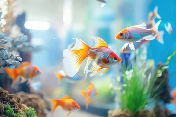 Fotobehang Colorful underwater world in an aquarium with vibrant fish, plants, and a dynamic background. © Andrii Zastrozhnov