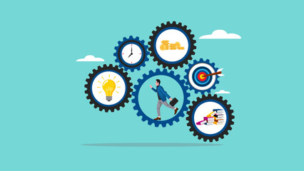 Businessman running in cogwheel generating creative business ideas, corporate control concept, skill to drive company, innovative and providing new skill to business concept illustration