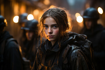 young female firefighter rescue team member wearing uniform with eyes full of tears, tired