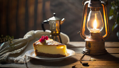 Kawałek ciasta, na drewnianym stole, oświetlony pięknym światłem ze starej lampy naftowej - obrazy, fototapety, plakaty