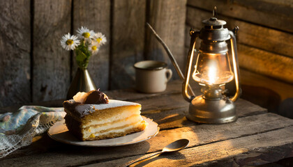 Kawałek ciasta, na drewnianym stole, oświetlony pięknym światłem ze starej lampy naftowej - obrazy, fototapety, plakaty