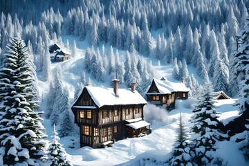 A snow-covered, fairy-tale-like village nestled among towering pine trees in a serene winter landscape.