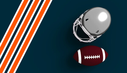 American football helmet and ball with Chicago Bears team colors background. Template for presentation or infographics. 3D render - obrazy, fototapety, plakaty